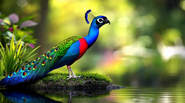 Colorful peacock is standing on a rock near a body of water. The bird is surrounded by lush green plants, creating a serene and peaceful atmosphere. The vibrant colors of the peacock