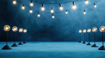 A row of spotlights aimed at a red carpet event, highlighting arriving celebrities and creating a glamorous atmosphere.