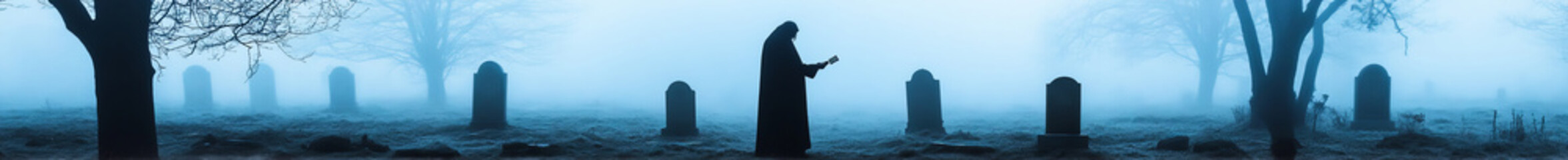 Obraz premium Mysterious figure praying at foggy cemetery eerie atmosphere dark night haunting scene