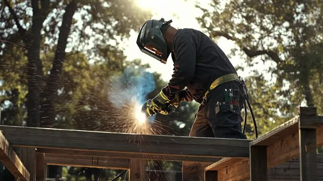 Craftsmanship in action with a welder creating sparks under natural sunlight in a dynamic outdoor setting