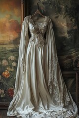 Elegant lace wedding gown draped near paintings.
