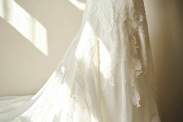 Elegant white gown, lace detailing, sunlit fabric.