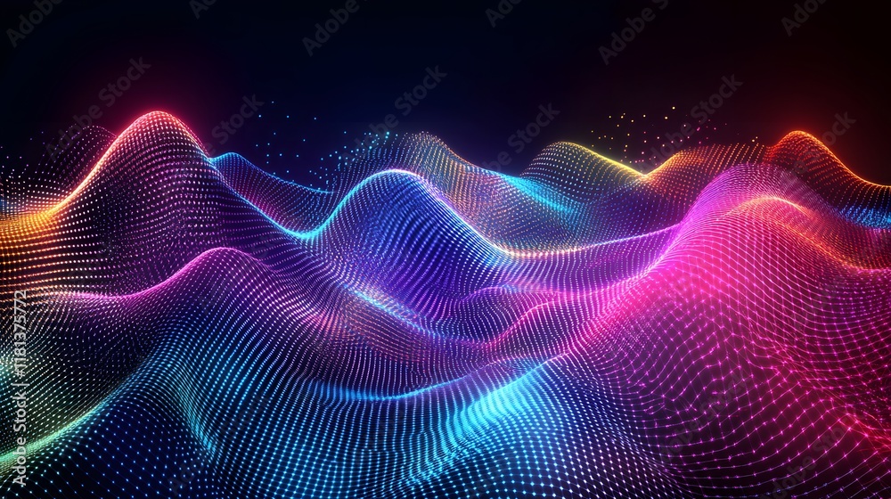 Poster vibrant light waves, colorful abstract patterns creating dynamic waveforms, perfect for tech or musi