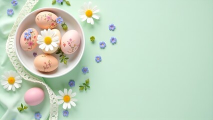 Floral-Patterned Easter Eggs with Radiating Flower Arrangement on Green Surface