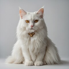 Fototapeta premium A regal white cat with golden eyes and a fluffy tail, perched elegantly in front of a white backdrop.