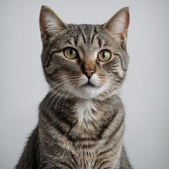 Fototapeta premium A curious gray tabby cat with a white chest, its eyes wide with wonder, sitting on a white background.