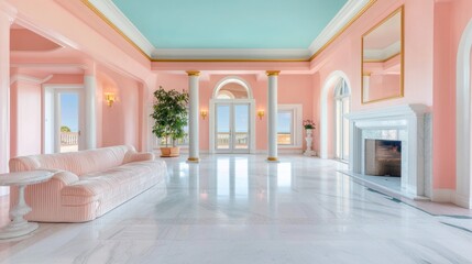 Fototapeta premium A spacious living room with plush velvet sofas, a marble fireplace, and gold accents in the decor, conveying a sense of opulence and luxurious living.