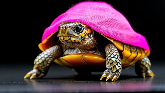 Small turtle with a pink bandage on its shell. The turtle is standing on a black surface