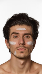 Cream applied to man's face in small areas, focusing on forehead, cheeks, and chin. Male model posing against white background. Concept of male beauty and facial care, dermatology, cosmetic.