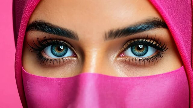 Woman wearing a pink scarf and a pink face mask. The woman has blue eyes and a pink background