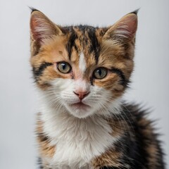 Fototapeta premium A cute and curious kitten with calico fur, bright eyes, and a playful demeanor, on a smooth white background.