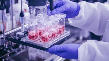 Scientist in Lab Coat Handling Samples in Glass Jars using Robotic Arm for Medical Research