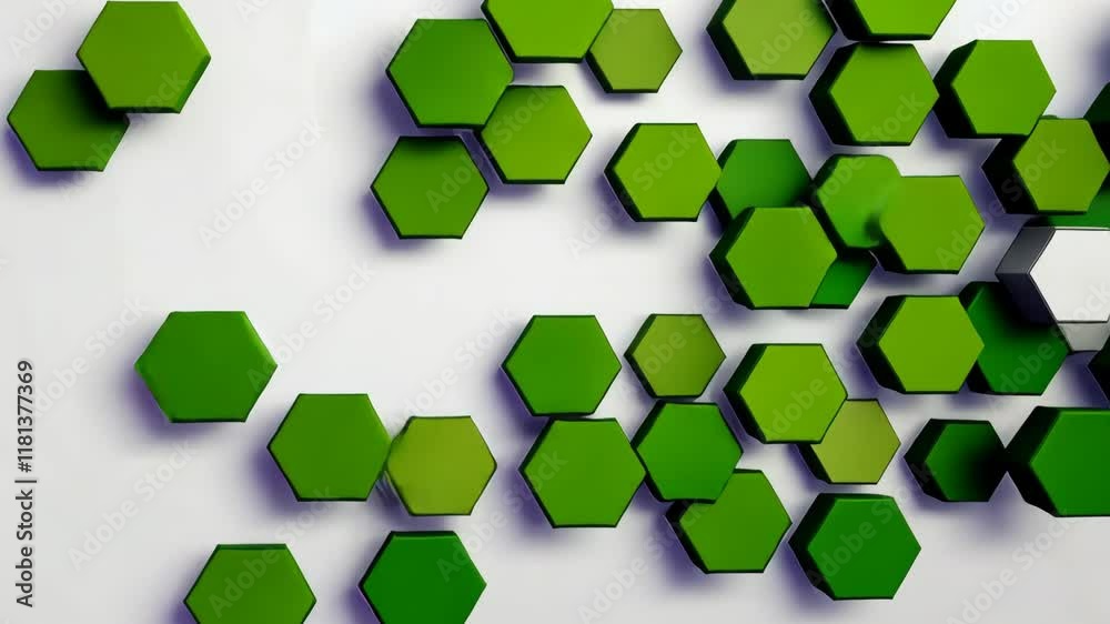 Poster White background with a green and white hexagonal pattern. The hexagons are arranged in various sizes and orientations, creating a visually interesting and dynamic composition