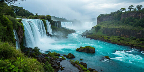 Naklejka premium Enchanting Azure Cascade Radiates a Magical and Captivating Aura