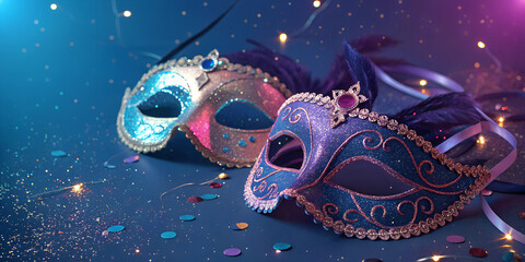 Colorful decorative masks on sparkling background