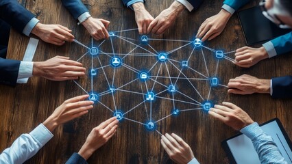 Collaborative team building a digital network on a wooden table