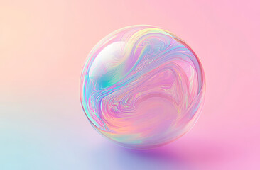 A delicate soap bubble hovers in mid-air, reflecting vibrant pastel colors. The bubble's surface shimmers as it catches the light, creating a mesmerizing swirl of hues against a soft gradient backdrop
