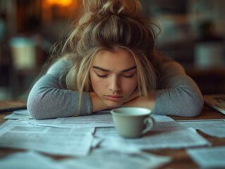 A close-up of a tired person at their desk, with their head resting on their arms in a moment of emotional and mental exhaustion, surrounded by clutter and dim light that evoke feelings of discouragem