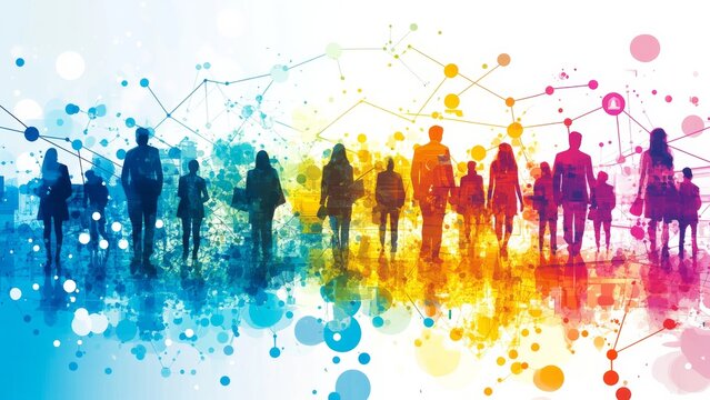 Silhouettes of diverse people in vibrant colors representing unity