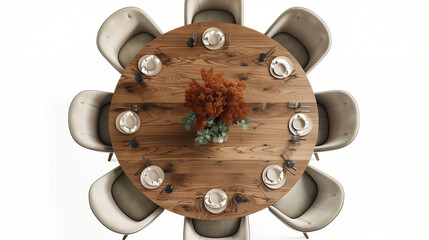 Overhead view of dining set with a wooden table and beige chairs. Round table on transparent background. Cut out furniture. Top view. Flat lay, floor plan elements. 3D rendering.