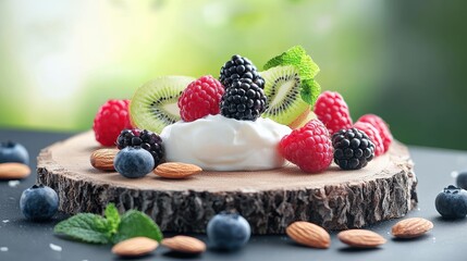 A rustic wooden board with a dollop of yogurt, surrounded by scattered berries, sliced kiwi, and chopped almonds, offering a customizable and healthy snack option.