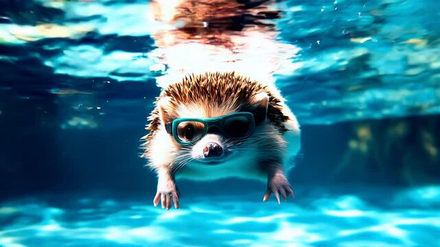 a hedgehog wearing diving goggles in a swimming pool is diving
