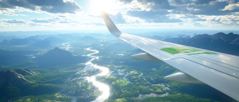 Aerial view from an airplane wing over a scenic landscape and river.