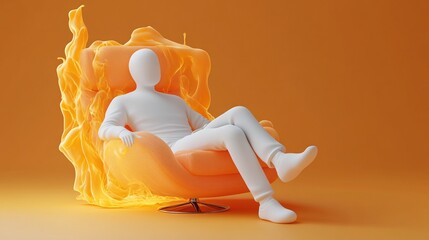abstract illustration with figurines relaxing on an orange sofa, concept of laziness and relaxation