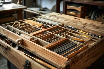 Open wooden toolbox revealing an array of specialized luthier tools, highlighting meticulous organization and the art of instrument making
