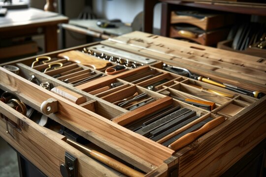 Open wooden toolbox revealing an array of specialized luthier tools, highlighting meticulous organization and the art of instrument making