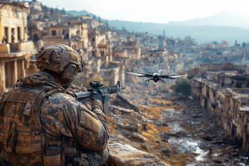 In a war-torn city, a soldier steadies his aim at an approaching military drone amidst crumbling buildings and debris