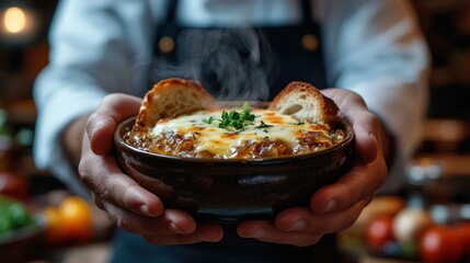 This mouthwatering dish features a rich and hearty stew, topped with melted cheese, served in a rustic bowl. The warm bread slices add a perfect touch to this comforting meal.