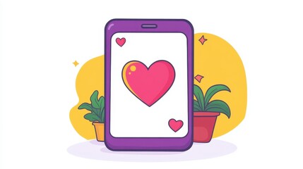 Smartphone Displaying Large Heart Love Concept Illustration with Potted Plants