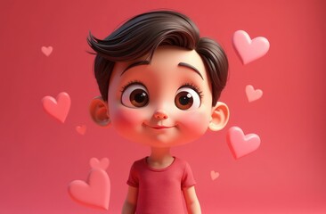 Fototapeta premium cartoon image of boy with brown hair surrounded by pink hearts