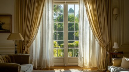 Sunlit room, elegant drapes, window, inviting furniture.