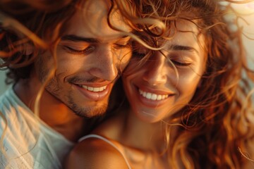 Intimate moment of a joyous couple enjoying the sunset, displaying romantic connection and genuine emotion with smiles and windblown hair