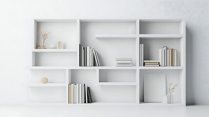 Sleek white bookshelf with multiple compartments isolated on a plain white background showcasing its clean lines and functional design