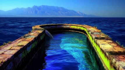 Obraz premium Serene Coastal Scene Ancient Stone Dock Crystal Blue Water Mountain Vista