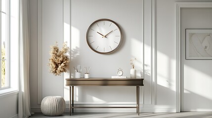 Sleek wall clock with a metallic frame and minimalist design styled above a modern console table with neutral decor accents