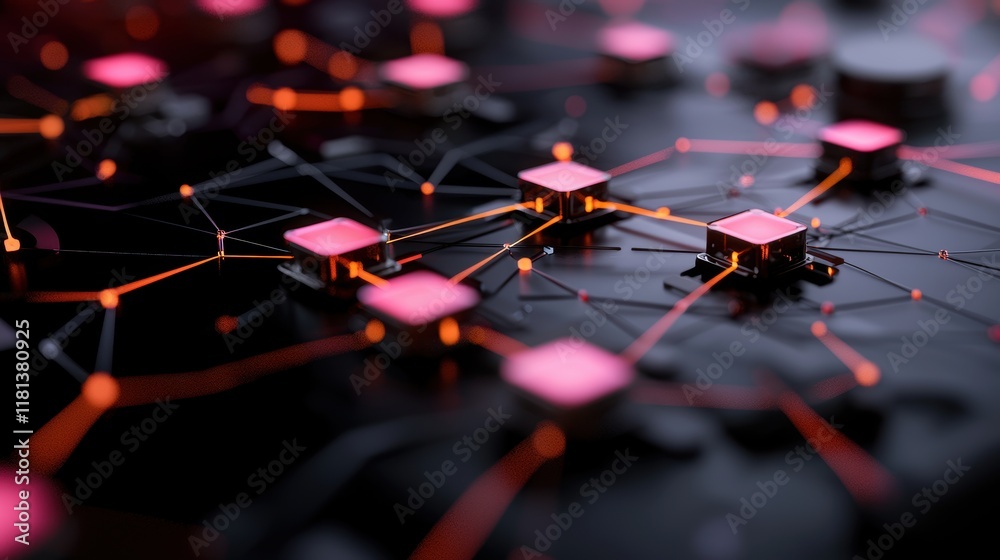 Poster a futuristic holographic projection of a network diagram, with glowing lines and nodes representing 