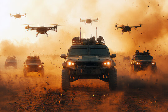 In a dusty desert landscape, military drones hover ominously over armored vehicles, poised for a tactical strike