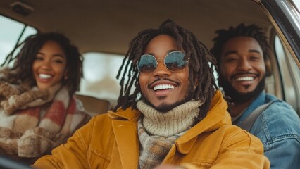 Friends enjoying a joyful car ride on a sunny day