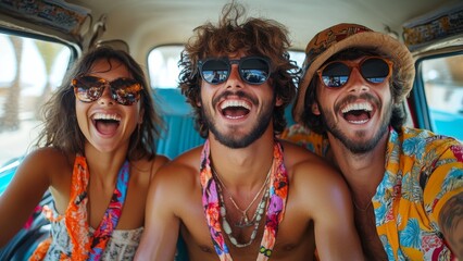 Friends enjoying a joyful road trip in a vintage van