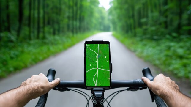 A cyclist navigating a smart cycling route with their smartphone mounted on the bike.