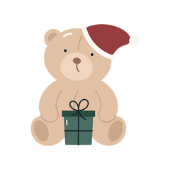 Сute Christmas teddy bear. Isolated on white background. Christmas design. Childish Christmas print. For card, posters, stickers, banners, printing on the pack, printing on clothes, fabric, wallpaper.