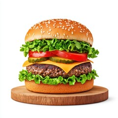 Delicious Gourmet Hamburger with Fresh Ingredients on Wooden Board