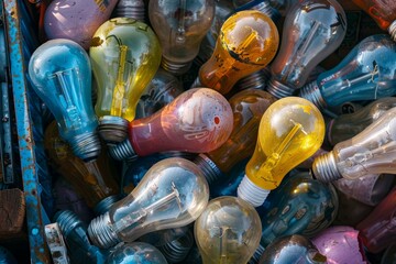 Many colorful light bulbs are piled up in a metal container, representing the concept of recycling and environmental awareness