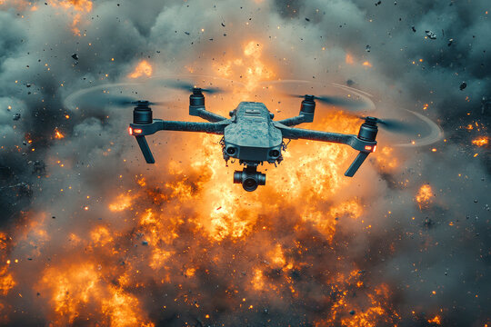 Hovering above a chaotic battlefield, a military drone releases explosives while soldiers rush for safety amidst smoke and flame. Modern warfare