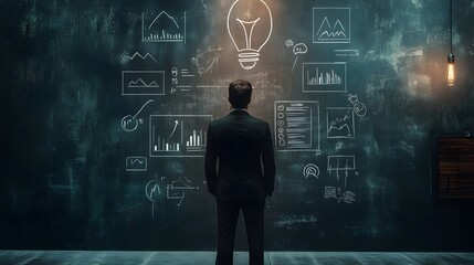 A man in a black suit is standing and thinking about his business plan, surrounded by various charts, graphs, and icons representing marketing concepts