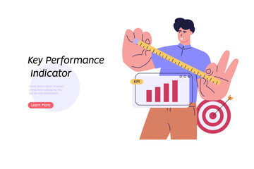 KPI illustration. Key Performance Indicator concept. Businessman measuring business result. Quality analysis and control. KPI measurement to evaluate success. Vector flat cartoon design